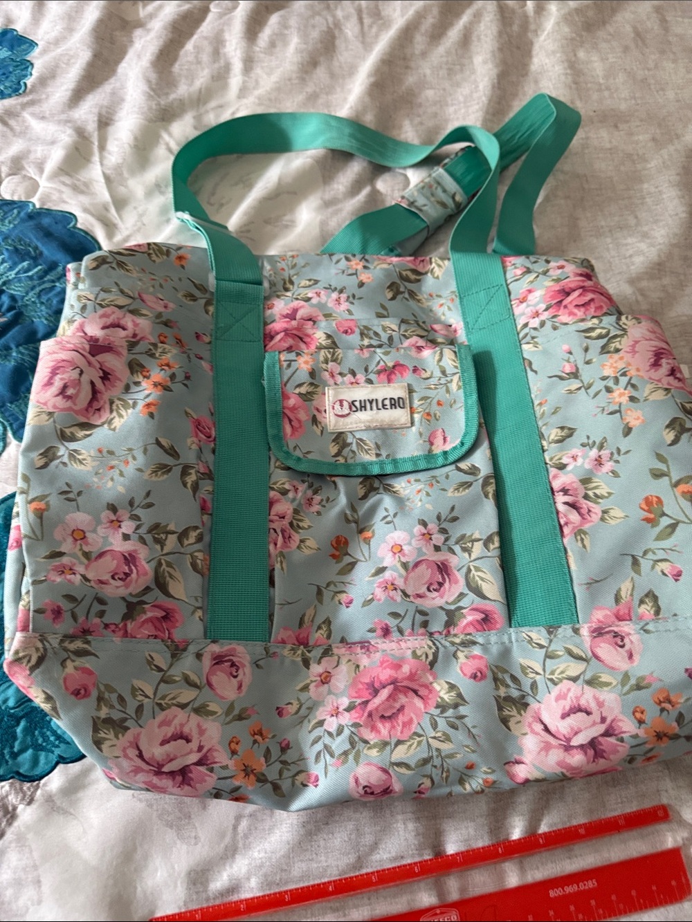 Shylero Floral Notebook Tote Bag in Aqua with Pink Roses